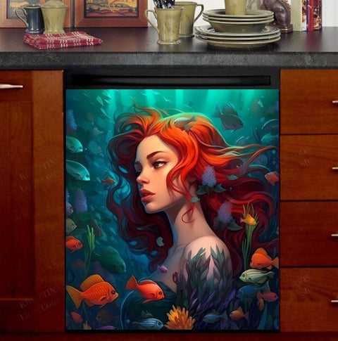 Beautiful Redheaded Mermaid Dishwasher Magnet Cover Kitchen Decoration Decals Appliances Stickers Magnetic Sticker ND