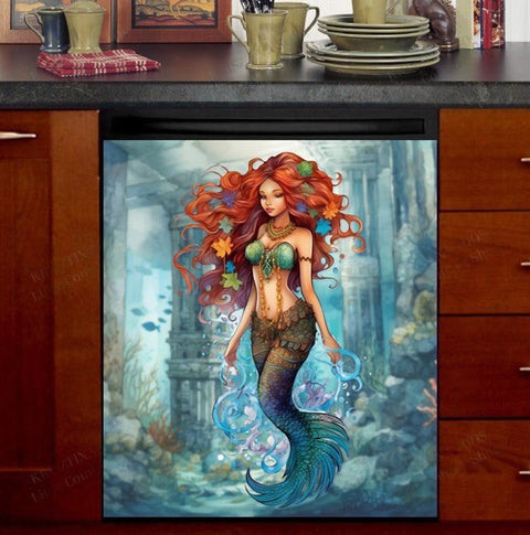 Beautiful Redheaded Black Mermaid Dishwasher Magnet Cover Kitchen Decoration Decals Appliances Stickers Magnetic Sticker ND