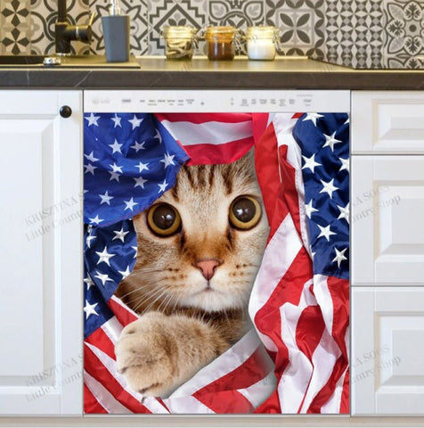 American Flag and Cute Kitten Dishwasher Magnet Cover Kitchen Decoration Decals Appliances Stickers Magnetic Sticker ND