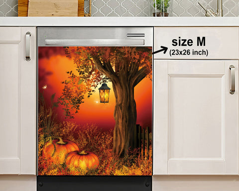 Autumn Pumpkin Lantern Tree Dishwasher Magnet Cover Kitchen Decoration Decals Appliances Stickers Magnetic Sticker ND