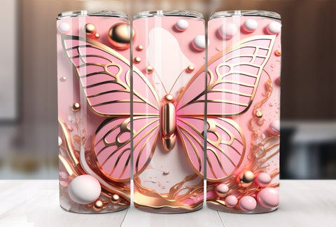 3D Pink Gold Butterfly 20 oz Skinny Tumbler, Cute Tumbler Gift Idea, Butterfly Tumbler Wrap, Beautiful gift for mom DL