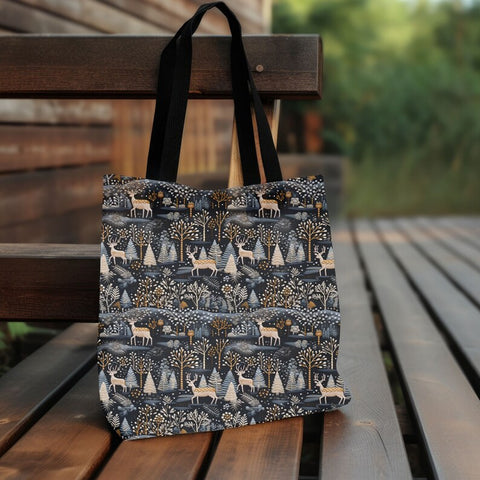 Scandinavian Winter Folk Art, Vintage Nordic Art, Deer in a Forest, Scandi Christmas Design with 3D and Embroidery Effect Tote Bag NP