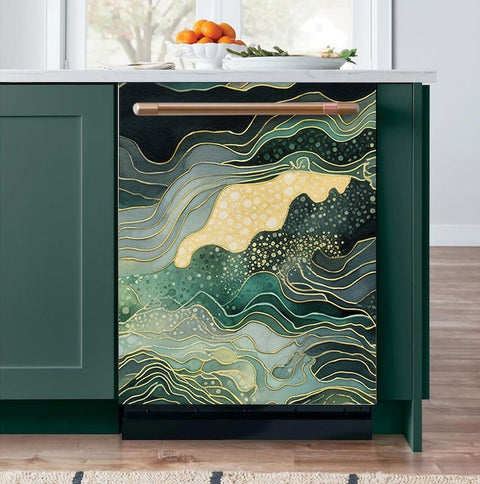 1 Kitchen Dishwasher Magnet Cover Marble Green & Gold, Decorative Dishwasher Cover Magnetic Vinyl Decal for Door, Kitchen Decor Self Adhesive NP