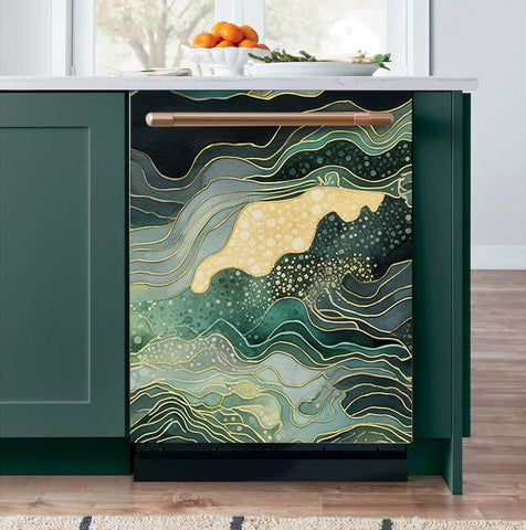 1 Kitchen Dishwasher Magnet Cover Marble Green & Gold, Decorative Dishwasher Cover Magnetic Vinyl Decal for Door, Kitchen Decor Self Adhesive NP