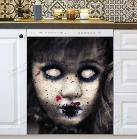 Halloween Scary Creepy Doll Face Dishwasher Magnet Cover Kitchen Decoration Decals Appliances Stickers Magnetic Sticker ND