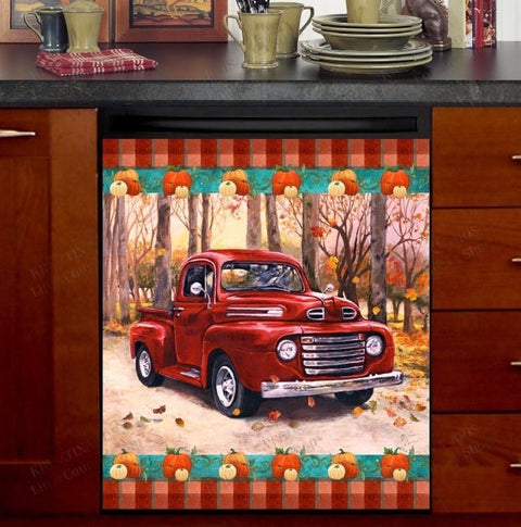 Red Autumn Farmhouse Truck Dishwasher Magnet Cover Kitchen Decoration Decals Appliances Stickers Magnetic Sticker ND