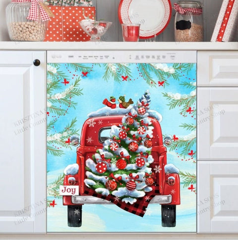 Christmas Red Truck Dishwasher Magnet Cover Kitchen Decoration Decals Appliances Stickers Magnetic Sticker ND