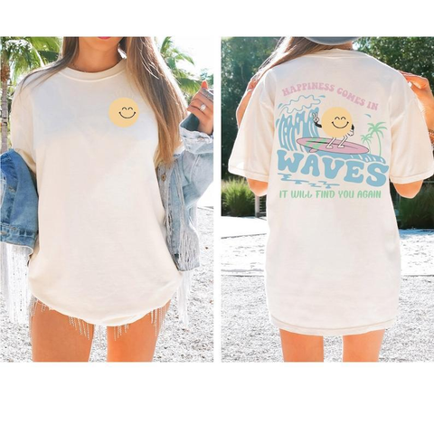 Happiness Comes In Waves Comfort Color Tees, Trendy Shirts for Women, Vsco Shirt, Aesthetic Shirt, Summer Vibes Shirt,Tumblr Shirt