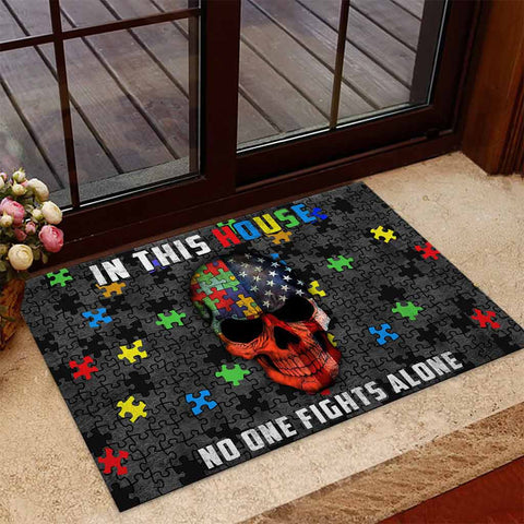 In This House No One Fights Alone Skull Autism Awareness Doormat Autism Home Decor Autism Awareness Gift Idea HT