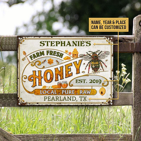 Personalized Honey Bee Vintage Local Pure Raw Customized Classic Metal Signs