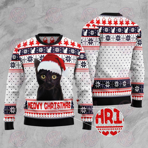 Meowy Christmas Ugly Sweater Black Cat Christmas Sweater Knitted Sweater Wool Sweater Christmas Gift For Cat Lovers
