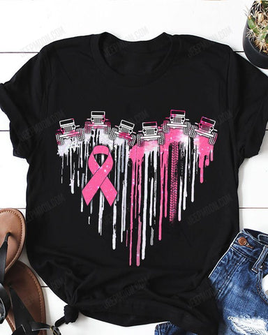 Jeep Girl Shirt Pink White Heart Ribbon Shirt Full Print, Breast Cancer Awareness Shirt, Flower Pink Ribbon Shirt