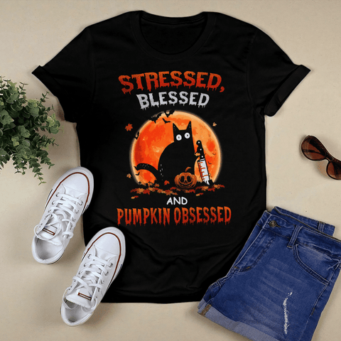 Stressed Blessed and Pumpkin Obsessed Black Cat T-shirt Horror Tee Halloween Costume Halloween Gifts HN