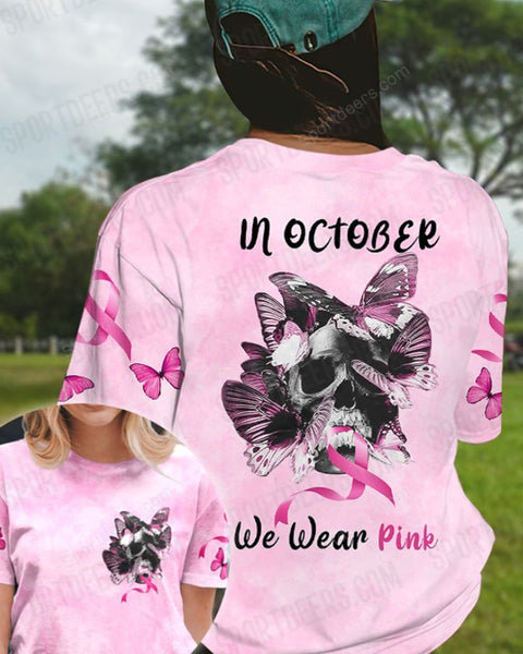 Skull Breast Cancer In October We wear pink T-shirt 3D Shirt, Pink Ribbon Shirt TM