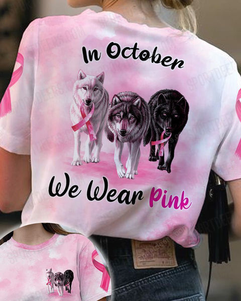 Wolf Breast Cancer In October We wear pink 3D Shirt, Hoodie Pink Ribbon Shirt TM