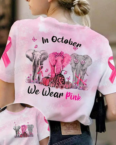 Elephant Breast Cancer In October We wear pink 3D Shirt, Halloween Pumpkin Pink Ribbon Shirt TM