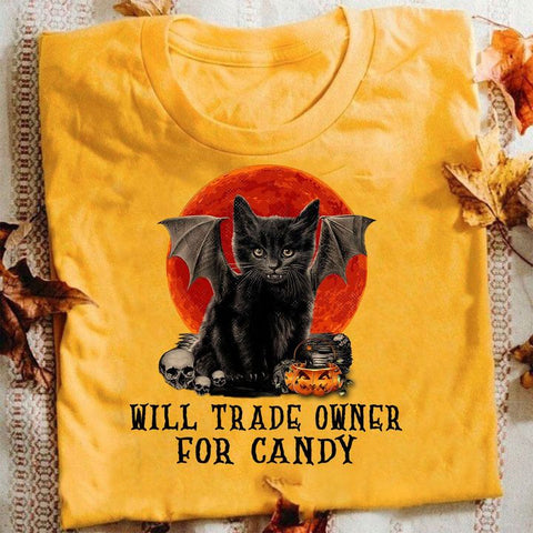 Will Trade Owner For Candy Black Cat T-shirt Cute Cat Shirt Halloween Costume Gifts for Cat Lovers HN