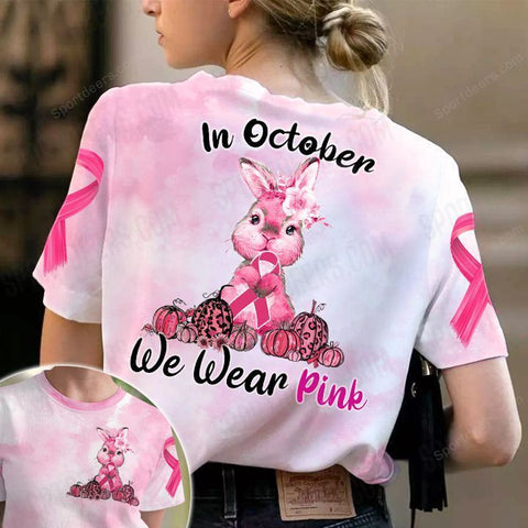 Rabbit Breast Cancer In October We wear pink 3D Shirt, Halloween Pumpkin Pink Ribbon Shirt TM