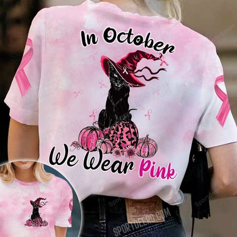 Black Cat Breast Cancer In October We wear pink 3D Shirt, Halloween Pumpkin Pink Ribbon Shirt TM