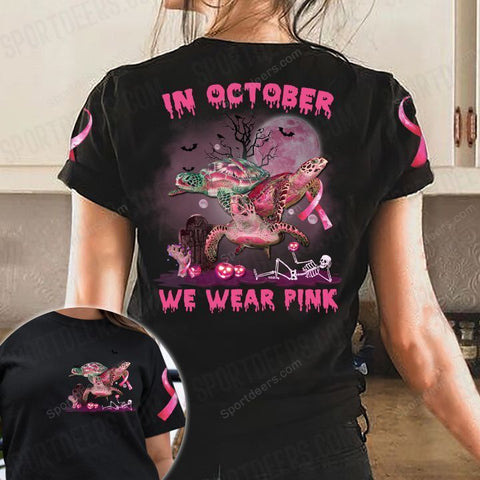 Sea Turtle Breast Cancer In October We wear pink T-shirt 3D Black Shirt, Halloween Pink Ribbon Shirt TM