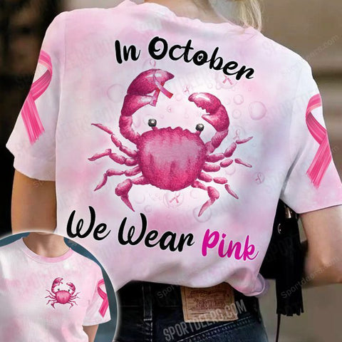 Ocean Crab Breast Cancer In October We wear pink T-shirt 3D Black Shirt, Pink Ribbon Shirt TM