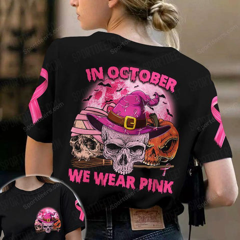 Skull Breast Cancer In October We wear pink Black 3D Shirt, Halloween Pumpkin Pink Ribbon Shirt TM