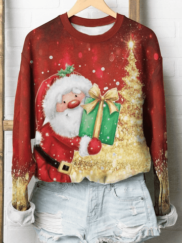 Christmas Santa Print Long Sleeve Sweatshirt Christmas Gift