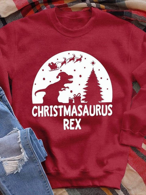 Christmasaurus Rex Print Long Sleeve Sweatshirt Christmas Gift