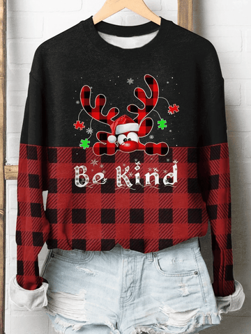 Be Kind Christmas Reindeer Print Long Sleeve Sweatershirt Christmas Gift
