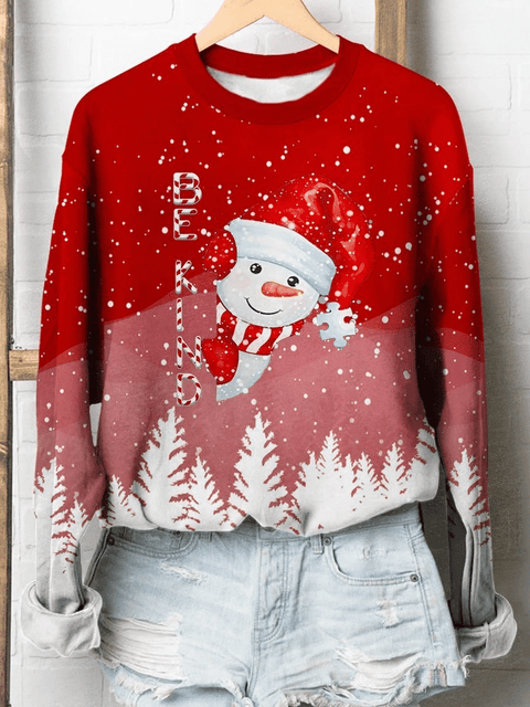 Be Kind Snowman Print Long Sleeve Sweatshirt Christmas Gift