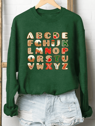 Christmas Cookies ABC Letters Print Long Sleeve Sweatshirt Christmas Gift