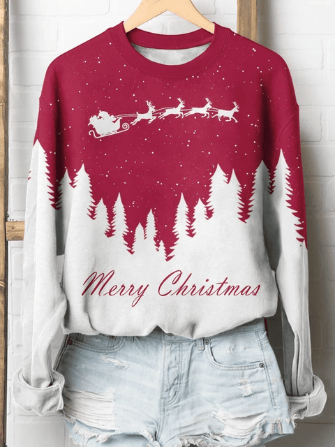 Santa And Reindeer Merry Christmas Print Long Sleeve Sweatshirt Christmas Gift Xmas Gift