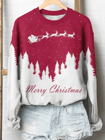 Santa And Reindeer Merry Christmas Print Long Sleeve Sweatshirt Christmas Gift Xmas Gift