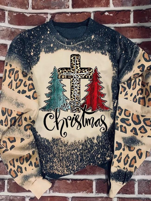 Merry Christmas Tree Faith Christian Leopard Print Print Long Sleeve Sweatershirt Christmas Gift