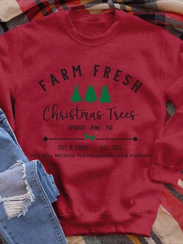 Merry Christmas Tree Print Long Sleeve Sweatershirt Christmas Gift