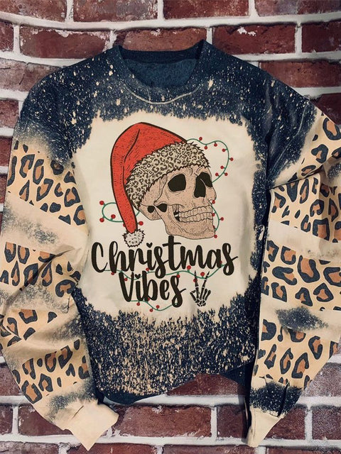 Christmas Vibes Leopard Print Long Sleeve Sweatershirt Christmas Gift