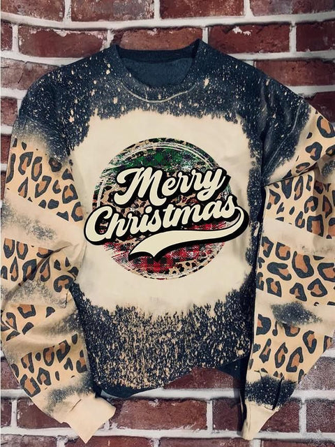 Merry Christmas Leopard Retro Print Long Sleeve Sweatershirt Christmas Gift