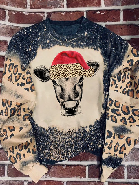 Xmas Cow Leopard Bleached Print Long Sleeve Sweatershirt Cow Shirt Christmas Gift