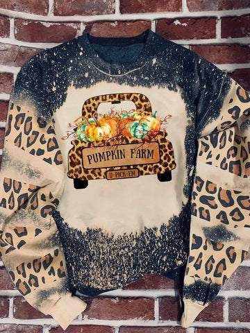 Pumkin Farm Truck Leopard Bleached Sweatshirt Christmas Gift