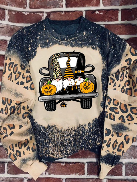 Gnomes Pumkin Truck Leopard Bleached Sweatshirt Halloween Gift