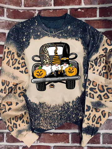 Gnomes Pumkin Truck Leopard Bleached Sweatshirt Halloween Gift