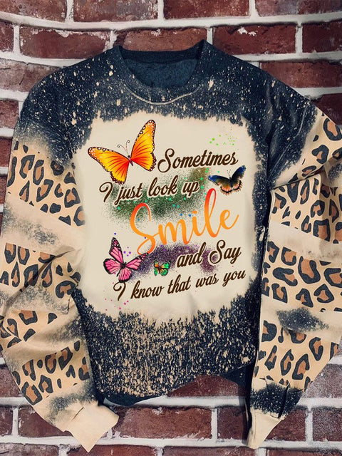 Butterfly Smile Leopard Bleached Sweatshirt Memorial Gift Christmas Gift