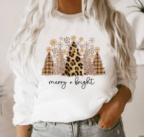 Merry and Bright White Leopard Bleached Sweatshirt Christmas Gift