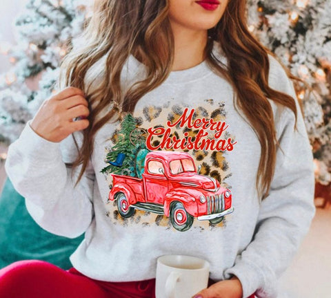 Merry Christmas Truck Leopard Bleached Sweatshirt Christmas Gift