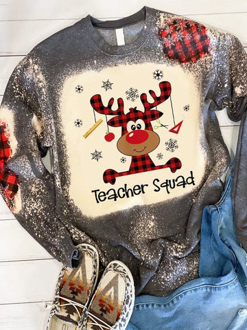 Teacher Squad Reindeer Print Long Sleeve Sweatershirt Christmas Gift