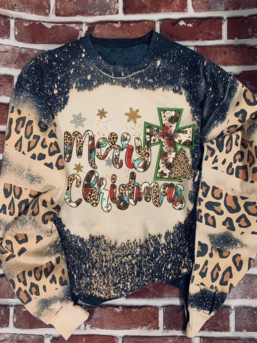 Merry Christmas Leopard Print Long Sleeve Sweatershirt Christmas Gift