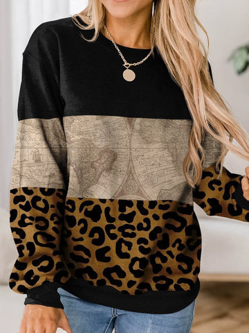 Black Leopard And Map Contrast Color Print Long Sleeve Sweatershirt Christmas Gift