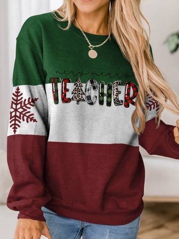 Teacher Christmas Color Block Print Long Sleeve Sweatershirt Christmas Gift