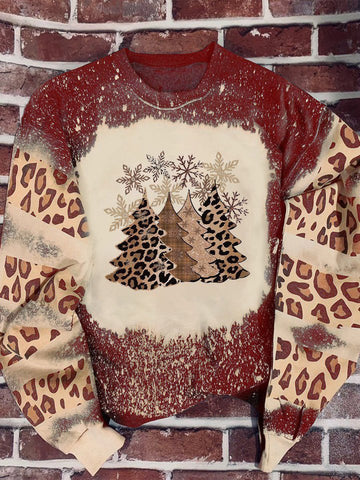 Christmas Trees Print Long Sleeve Sweatshirt Leopard Pattern Christmas Gift Xmas Gift