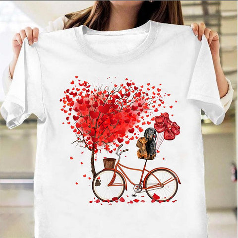 Dachshund On Bike With Heart Tree Shirt Dachshund Lovers Couple T-Shirt Cute Gift For Valentine